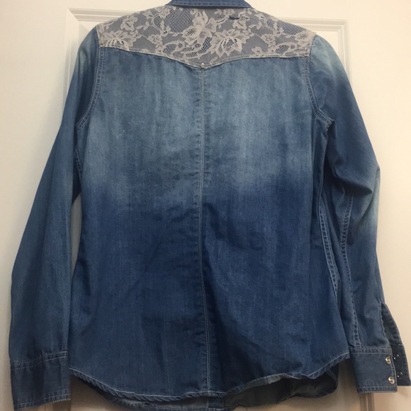 Denim & Lace Button Down Western Shirt - Picture 6 of 12